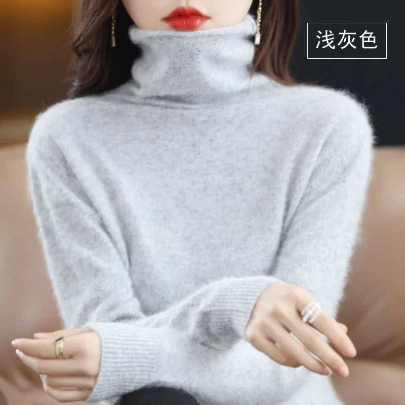 Autumn Winter Women 100% Mink Cashmere Sweater Pile Collar Casual Pullover Qulity Soft Warm Jumpers Solid Color Knitwear Tops