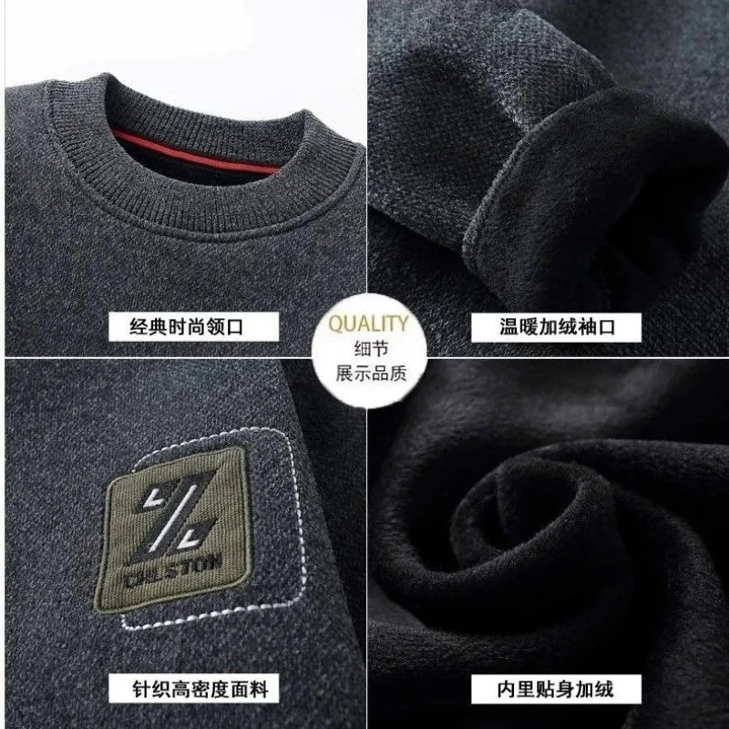 Men's Sweatercoat Autumn Winter O-Neck Knit Letter Plush Fleece Lined Warm Wool Pullover Sweater Men Bottoming Pullovers Jumper