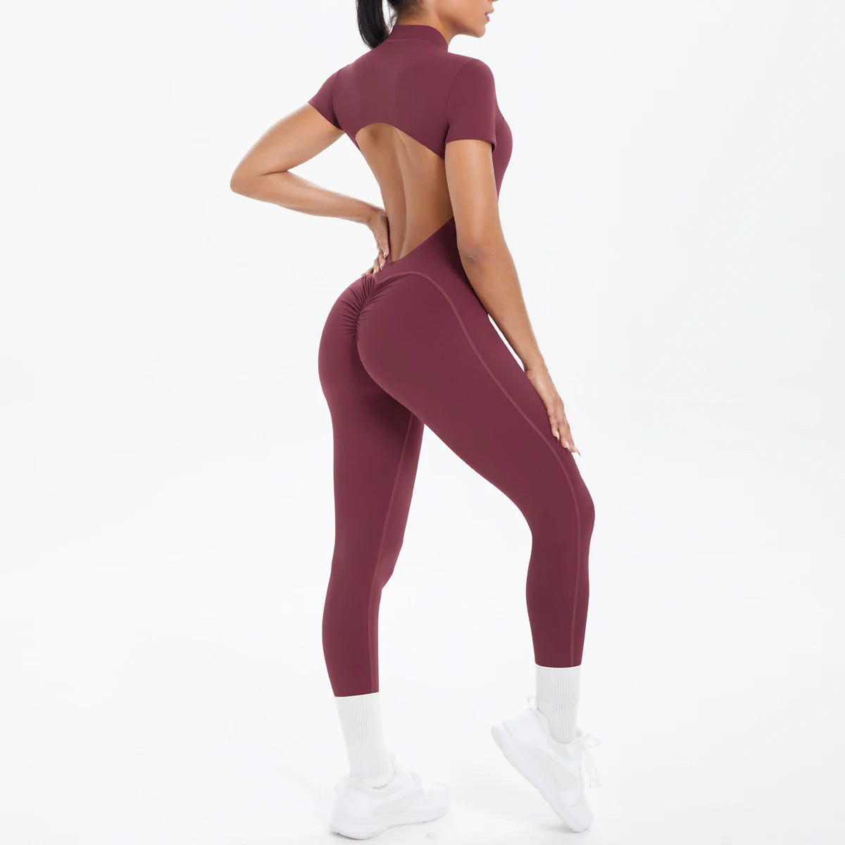 Short Sleeved Fitness Jumpsuit for Woman Bodysuits Backless Solid Color Scrunch One-Piece Suit Half Zipper Gym Yoga Sets Womens