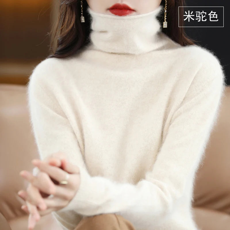 Autumn Winter Women 100% Mink Cashmere Sweater Pile Collar Casual Pullover Qulity Soft Warm Jumpers Solid Color Knitwear Tops