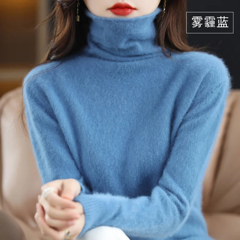 Autumn Winter Women 100% Mink Cashmere Sweater Pile Collar Casual Pullover Qulity Soft Warm Jumpers Solid Color Knitwear Tops