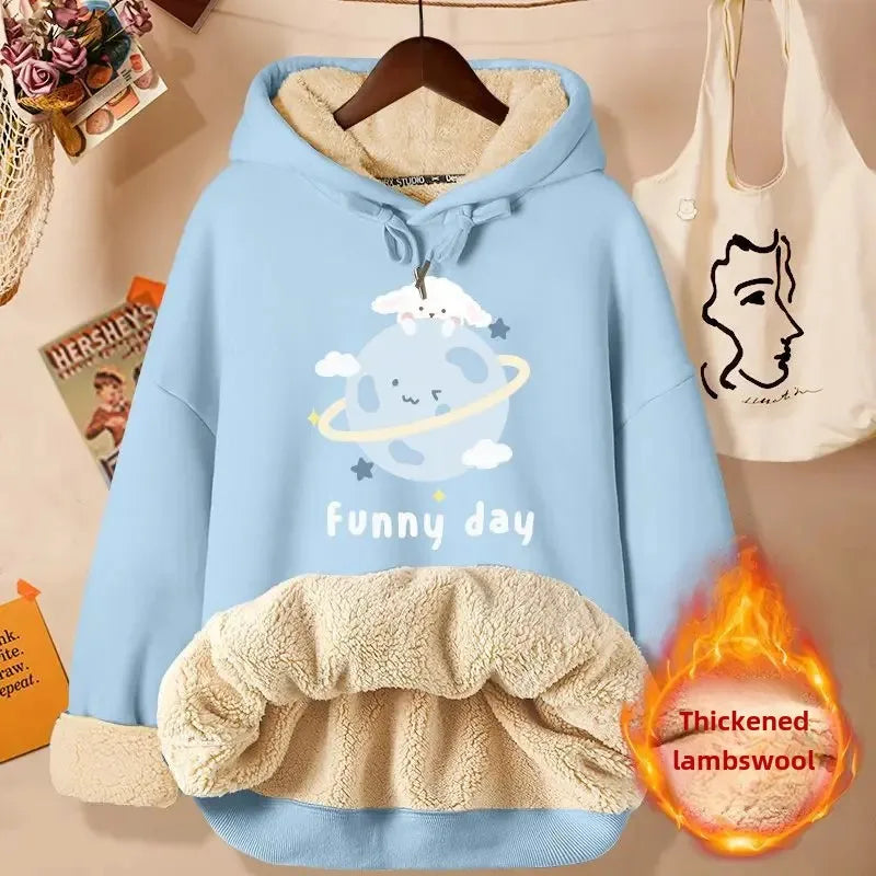 2024 New Women's Fleece-lined Thick Sweatshirt Hooded Winter Top Autumn/winter Thickened Wool Sweater Coat Casual Style