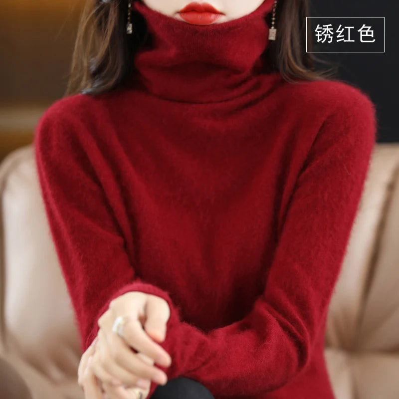 Autumn Winter Women 100% Mink Cashmere Sweater Pile Collar Casual Pullover Qulity Soft Warm Jumpers Solid Color Knitwear Tops