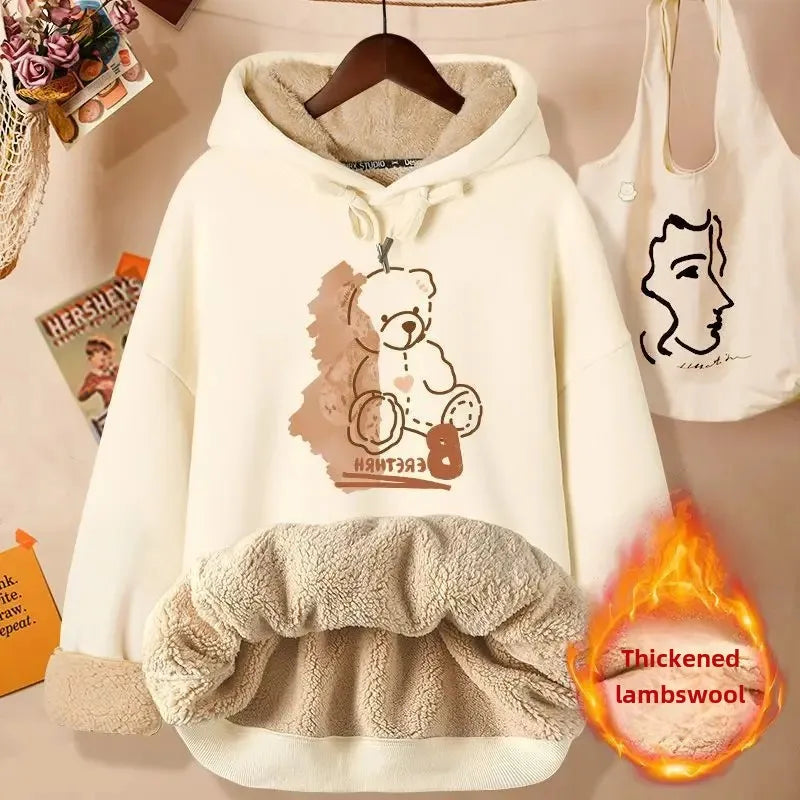 2024 New Women's Fleece-lined Thick Sweatshirt Hooded Winter Top Autumn/winter Thickened Wool Sweater Coat Casual Style