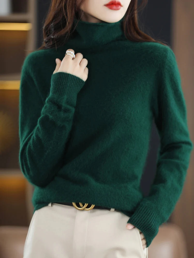 Autumn Winter Women 100% Mink Cashmere Sweater Pile Collar Casual Pullover Qulity Soft Warm Jumpers Solid Color Knitwear Tops