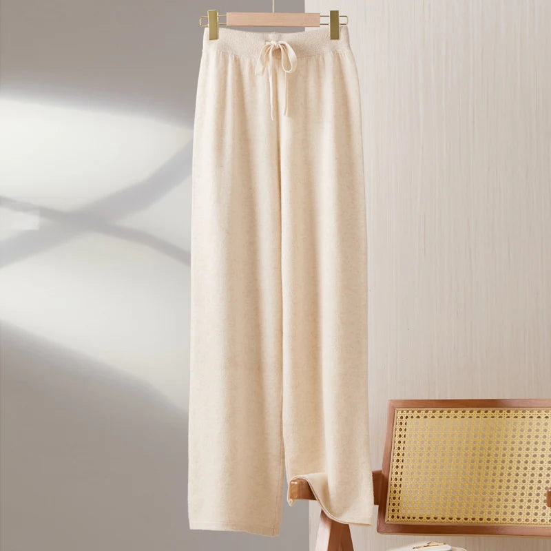 Women100%Merino Wool Knitted Wide Leg Pants Autumn Winter Basic Soft Warm Cashmere Knit Trousers Casual Drawstring Style