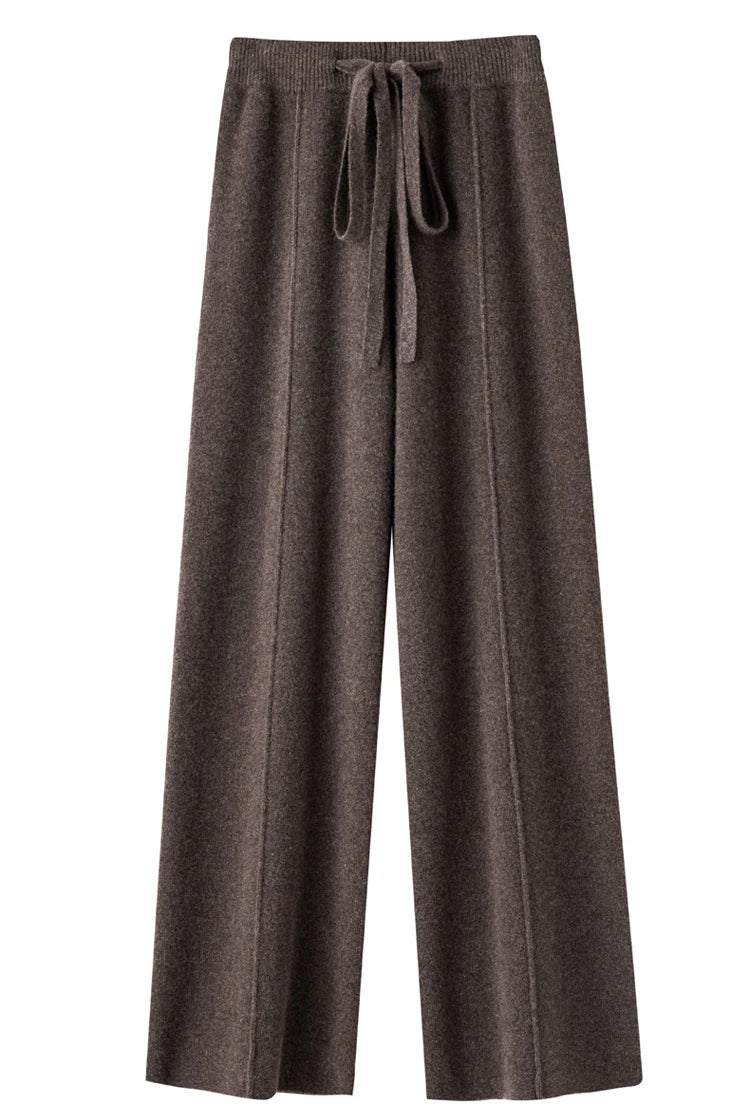 Women100%Merino Wool Knitted Wide Leg Pants Autumn Winter Basic Soft Warm Cashmere Knit Trousers Casual Drawstring Style