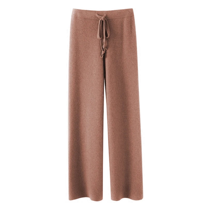 Women100%Merino Wool Knitted Wide Leg Pants Autumn Winter Basic Soft Warm Cashmere Knit Trousers Casual Drawstring Style