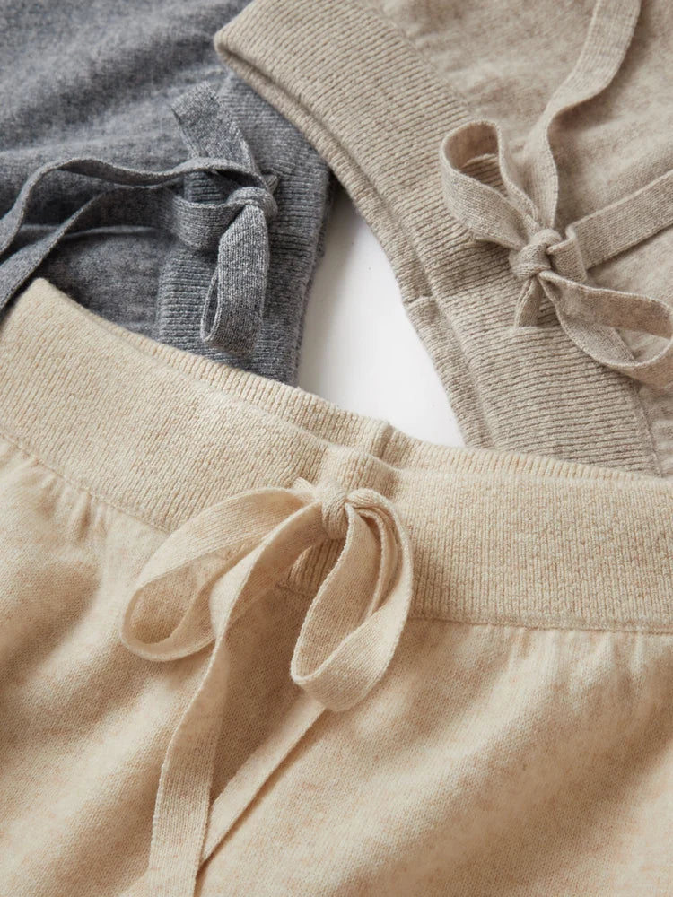 Women100%Merino Wool Knitted Wide Leg Pants Autumn Winter Basic Soft Warm Cashmere Knit Trousers Casual Drawstring Style