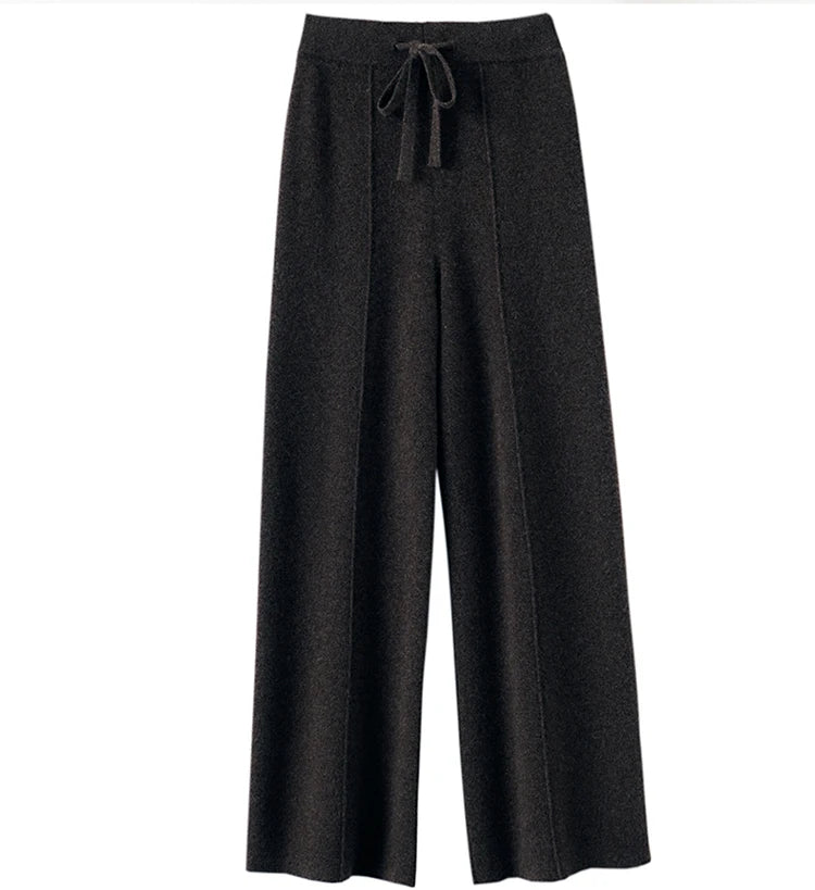 Women100%Merino Wool Knitted Wide Leg Pants Autumn Winter Basic Soft Warm Cashmere Knit Trousers Casual Drawstring Style