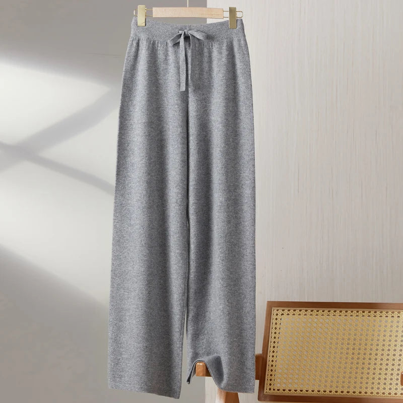 Women100%Merino Wool Knitted Wide Leg Pants Autumn Winter Basic Soft Warm Cashmere Knit Trousers Casual Drawstring Style
